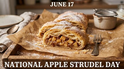 Delicious apple strudel on a wooden tray, National Apple Strudel Day, June 17
