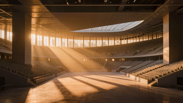 Empty modern arena interior with sunset light rays, concept of preparation and scale.
