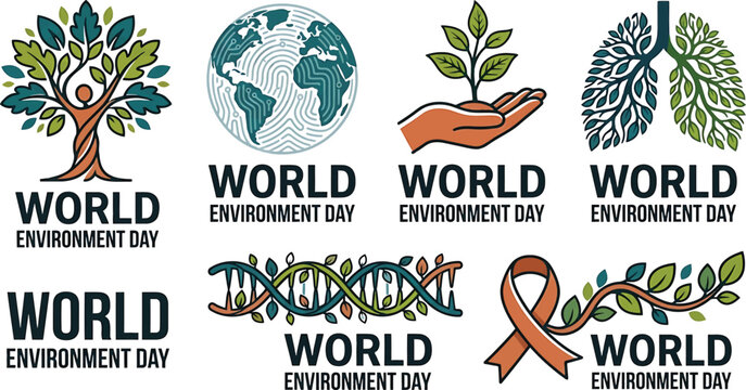 World Environment Day icons and slogans on white background