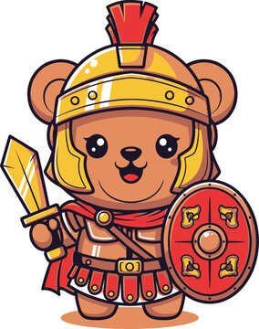 Cute cartoon teddy bear as a Roman gladiator with a golden helmet, sword, and red shield.