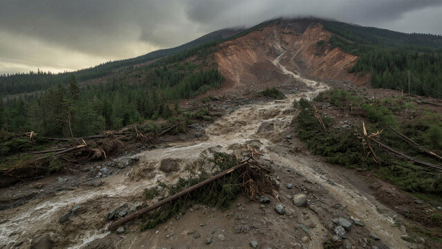 Mountain slope eroding with mudflow in forest valley