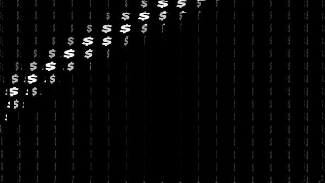 Question sign made of white US dollars signs on black background. Abstract animation with grid-like arrangement of American dollar symbols.