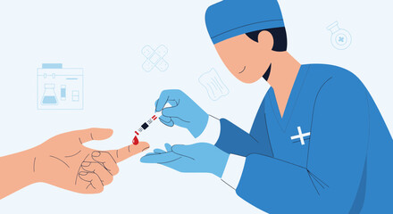 Naklejka premium Doctor performing blood glucose test on patient's finger, medical checkup, diabetes screening
