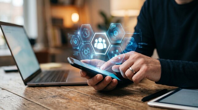 Business professional analyzing data analytics dashboard with charts, reports and AI interface on tablet and laptop. Concept of business intelligence, data analysis and digital transformation.