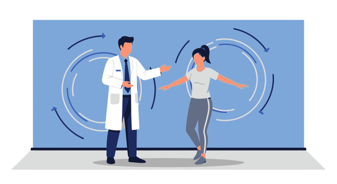 Doctor guides patient in balance exercise with circular motion graphic