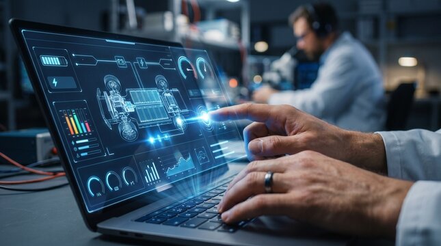 Industrial Engineer and AI, Artificial Intelligence concept, Manager Technical Industrial Engineer people and control robotics with monitoring system software and icon industry, Car EV technology