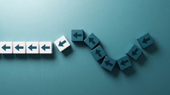 Flexibility and adaptation concept. Arrows on cubes following a flexible path. Reaction to events and dangers