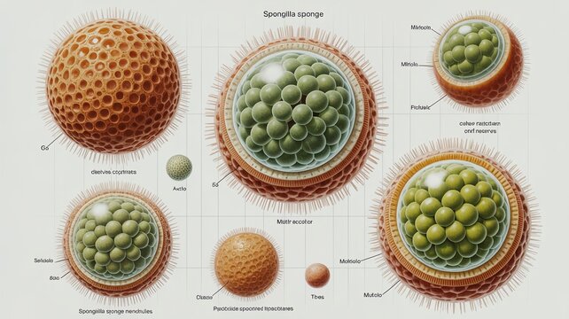 Scientific visualization of Spongilla freshwater sponge showing gemmule formation as a survival structure with detailed internal composition clean neutral background for biology education