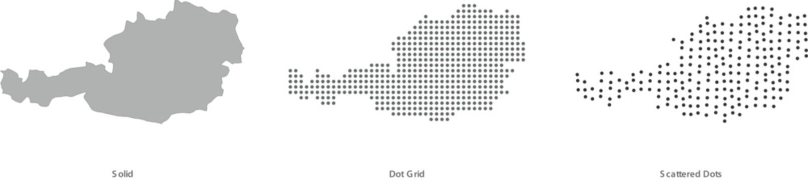Austria map in solid, dot grid, and scattered dots styles for geographic designs vector illustration