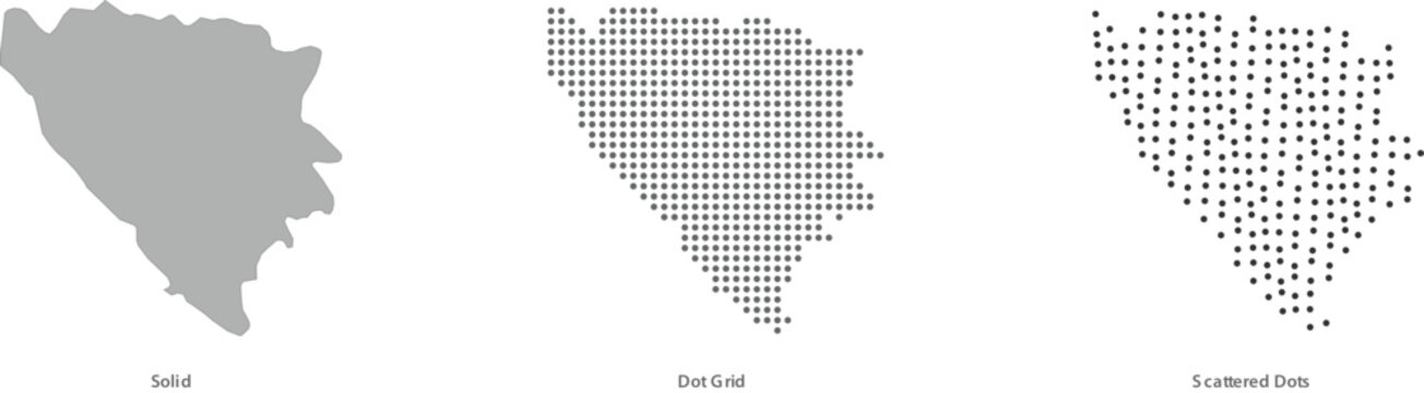 Bosnia and herzegovina map in solid, dot grid, and scattered dots styles for geography vector illustration
