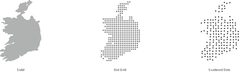 Fototapeta premium Ireland map in solid, dot grid, and scattered dots styles for geographic designs vector illustration