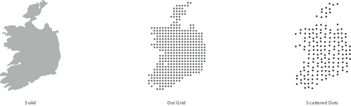 Ireland map in solid, dot grid, and scattered dots styles for geographic designs vector illustration
