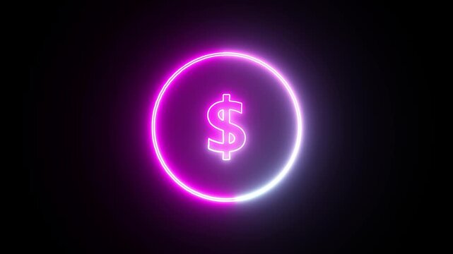 Neon dollar sign within glowing pink circle rotating in dark space creating cinematic financial motion graphic with vibrant electric aesthetic lighting.
