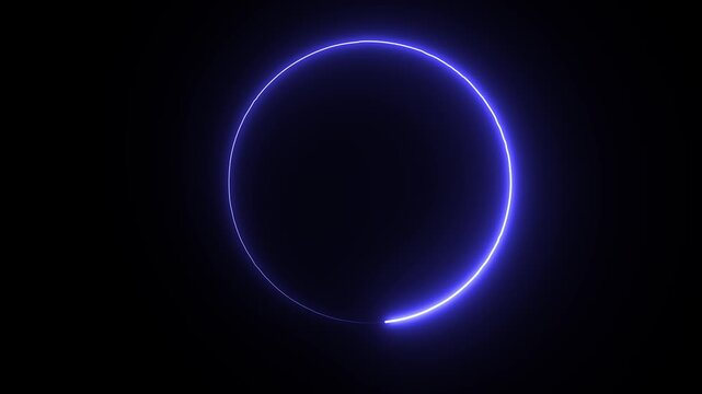 Abstract futuristic neon light circle animation on black background seamless loop glowing blue light ring rotating and expanding modern design element.