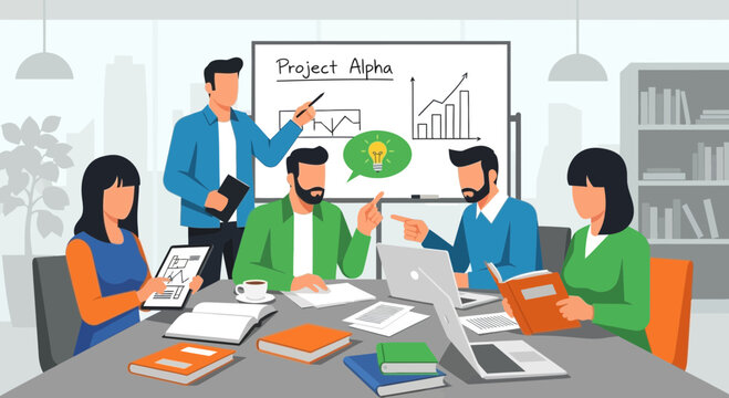 Team Meeting: Project Alpha Discussion with Charts and Ideas