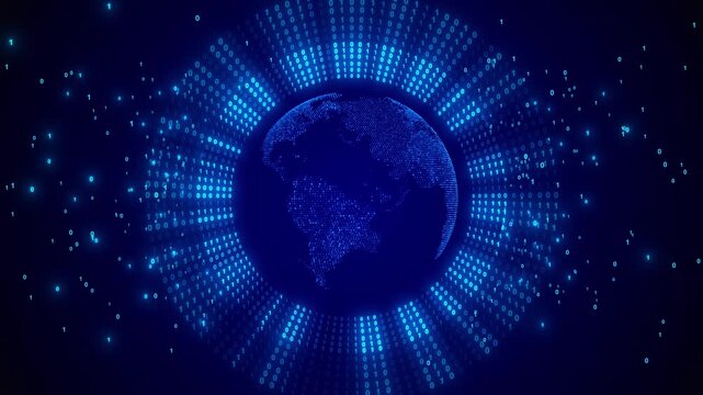 Blue binary globe background glowing world sphere, floating zero one numbers, digital data ring, cyber space. for global network videos, AI intros, data science promos, cyber security, and overlays.
