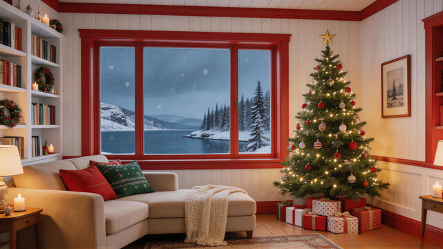 Cozy Christmas living room with decorated tree and snowy lake view, christmas backdrop, virtual meeting background, ms teams background, zoom meeting backdrop, digital meeting background