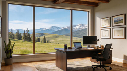 Fototapeta premium Modern home office with a stunning mountain view and natural light, summer backdrop, virtual meeting background, ms teams background, zoom meeting backdrop, digital meeting background