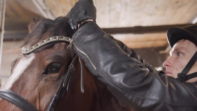 Horse preparation completed. Horse ready for event after handler perfects all fittings. Skilled horse handler meticulously adjusts gear to ensure optimum performance for upcoming competition