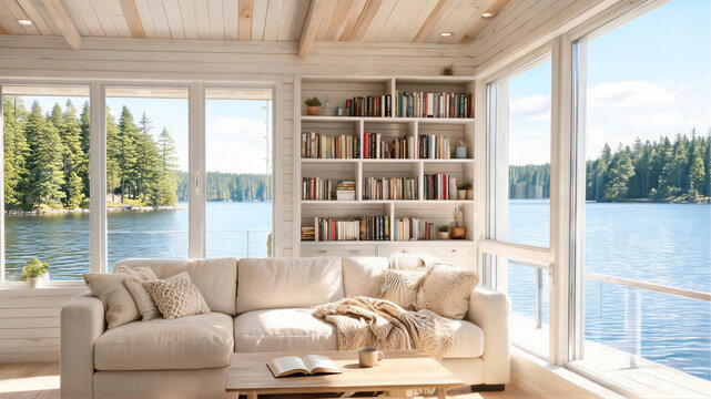 Cozy living room with large windows overlooking a serene lake and forest, summer backdrop, virtual meeting background, ms teams background, zoom meeting backdrop, digital meeting background
