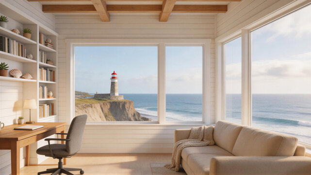 Cozy home office with a stunning ocean view and lighthouse on a cliff, summer backdrop, virtual meeting background, ms teams background, zoom meeting backdrop, digital meeting background