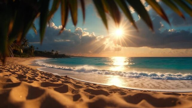 Slow motion tracking shot of waves lapping on tropical sandy beach with palm leaves framing sun at sunset