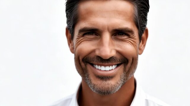 Static close up shot of man turning head and smiling in minimalist white studio background
