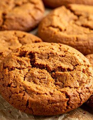 Fototapeta premium Close-up of several golden-brown, cracked cookies, possibly ginger snaps or similar. They sit on parchment paper