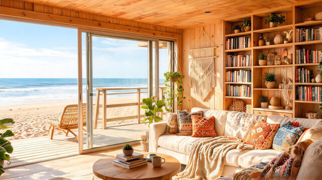 Cozy beach house living room with ocean view and bohemian decor, virtual background, meeting backdrop, ms teams background, zoom meeting background, digital meeting backdrop