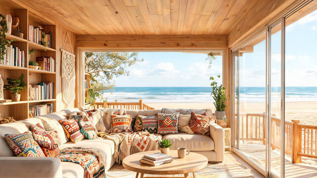 Cozy beach house living room with ocean view and bohemian decor, virtual background, meeting backdrop, ms teams background, zoom meeting background, digital meeting backdrop
