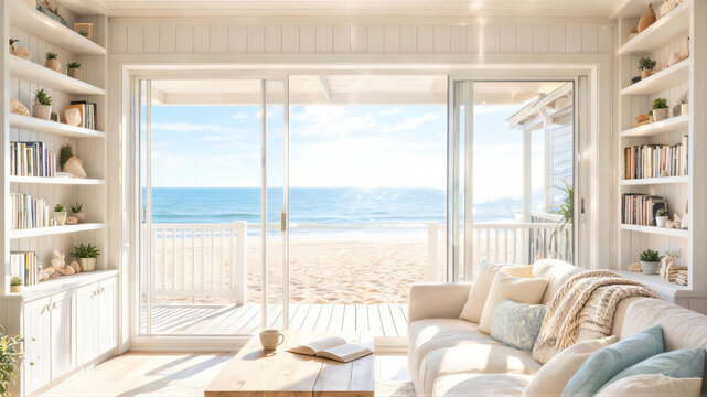 Bright living room with ocean view and beach access, perfect for relaxation, backdrop, virtual meeting background, ms teams background, zoom meeting backdrop, digital meeting background