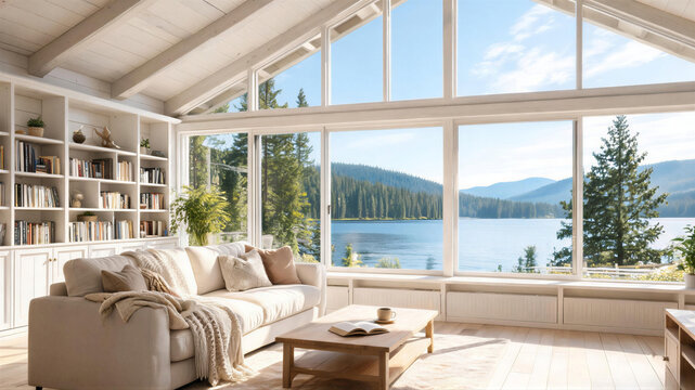 Cozy living room with large windows overlooking a serene lake and lush forest, digital meeting background, ms teams backdrop, zoom meeting background, virtual meeting backdrop