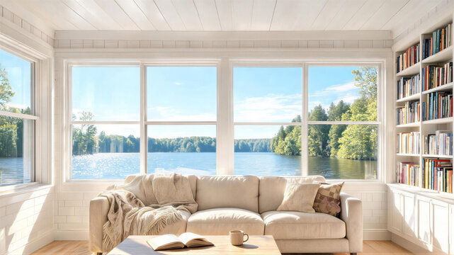 Cozy living room with large windows overlooking a serene lake and lush forest, digital meeting background, ms teams backdrop, zoom meeting background, virtual meeting backdrop