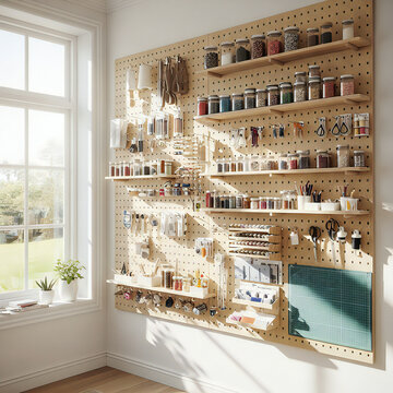 Neatly organized craft room workspace with a large wooden pegboard filled with jars of supplies, threads, and artistic tools.