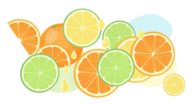 Vibrant Citrus Slices and Drops of Juice, Fresh Orange, Lemon, and Lime Assortment
