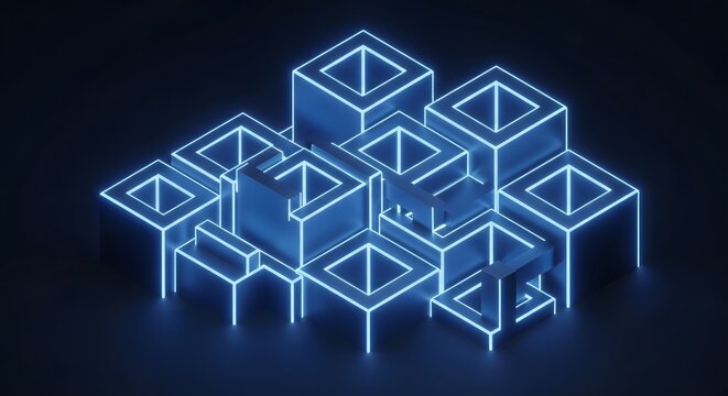 Blueprint wireframe cubes stacked in a geometric structure with blue neon glow blueprint wireframe geometric
