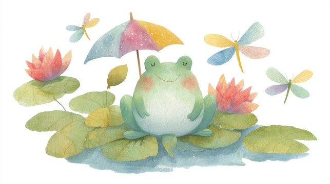 Cute frog with umbrella sitting on lily pads watercolor illustration