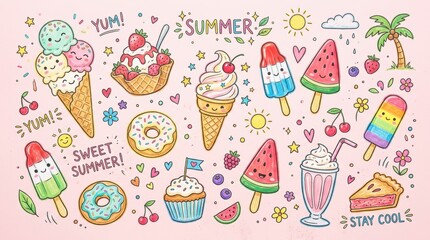 Fototapeta premium Cute colorful chalk ice cream and dessert doodles with playful summer pastel artistic composition background design