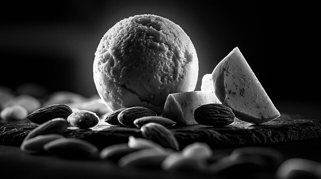Gourmet almond paste ice cream scoop with whole nuts in black and whit