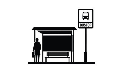 Fototapeta premium black silhouette of a bus stop with a person waiting featuring a bus icon and bustop sign high quality professional detailed modern elegant stylish