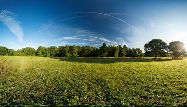 sunny green park field with trees in backgroun panorama