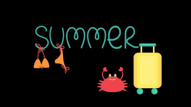 Summer vacation animated banner with cute crab, bikini, and suitcase on transparent background