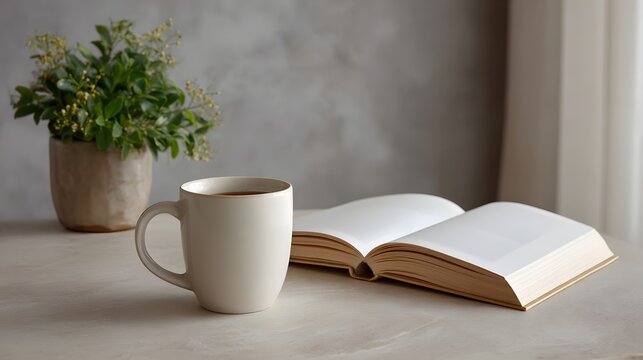 An open book a steaming mug and potted plants create a serene reading corner on a natural wooden surface