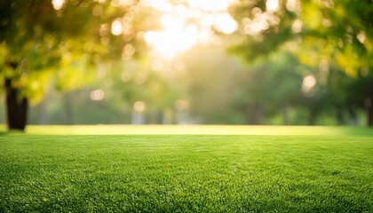 Naklejka premium natural grass field background with blurred bokeh and trees in park