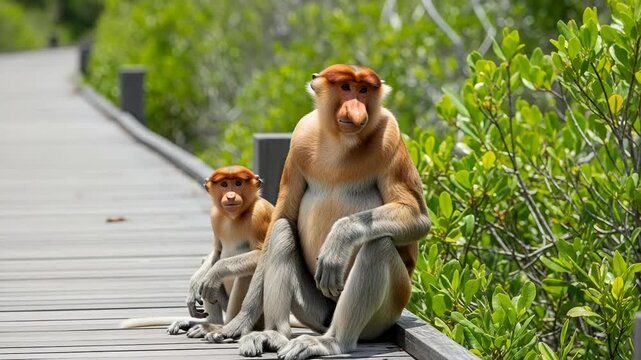 Proboscis monkeys sitting on a wooden boardwalk