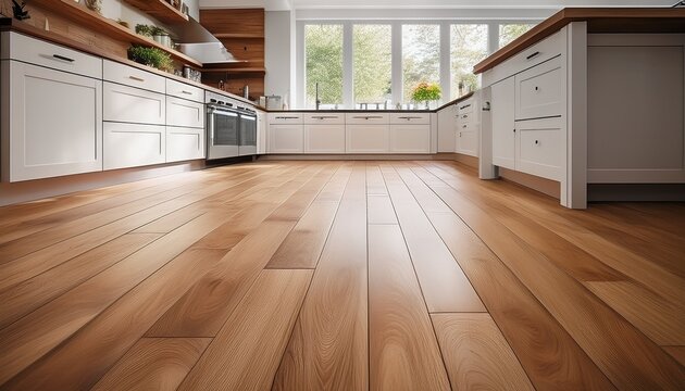 low angle luxury vinyl plank flooring showing off natural oak pattern extending into modern white kitchen generative ai
