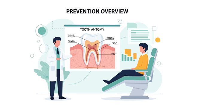 Dentist Explains Tooth Anatomy and Prevention to Patient in Dental Clinic