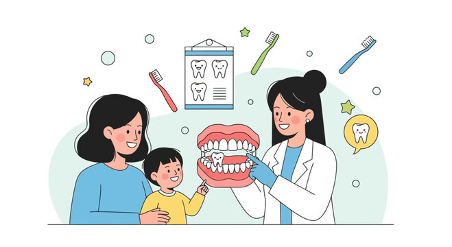 Dentist teaching child and mother about dental hygiene with teeth model