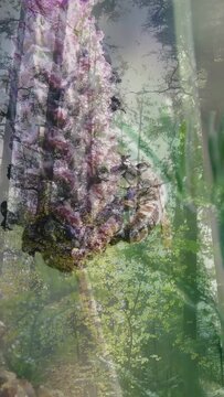 Vertical video: Breeze pushing floral spike drifting, insects shifting, revealing layered scene