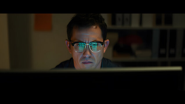 Man wearing glasses with computer code reflected on lenses in dark room